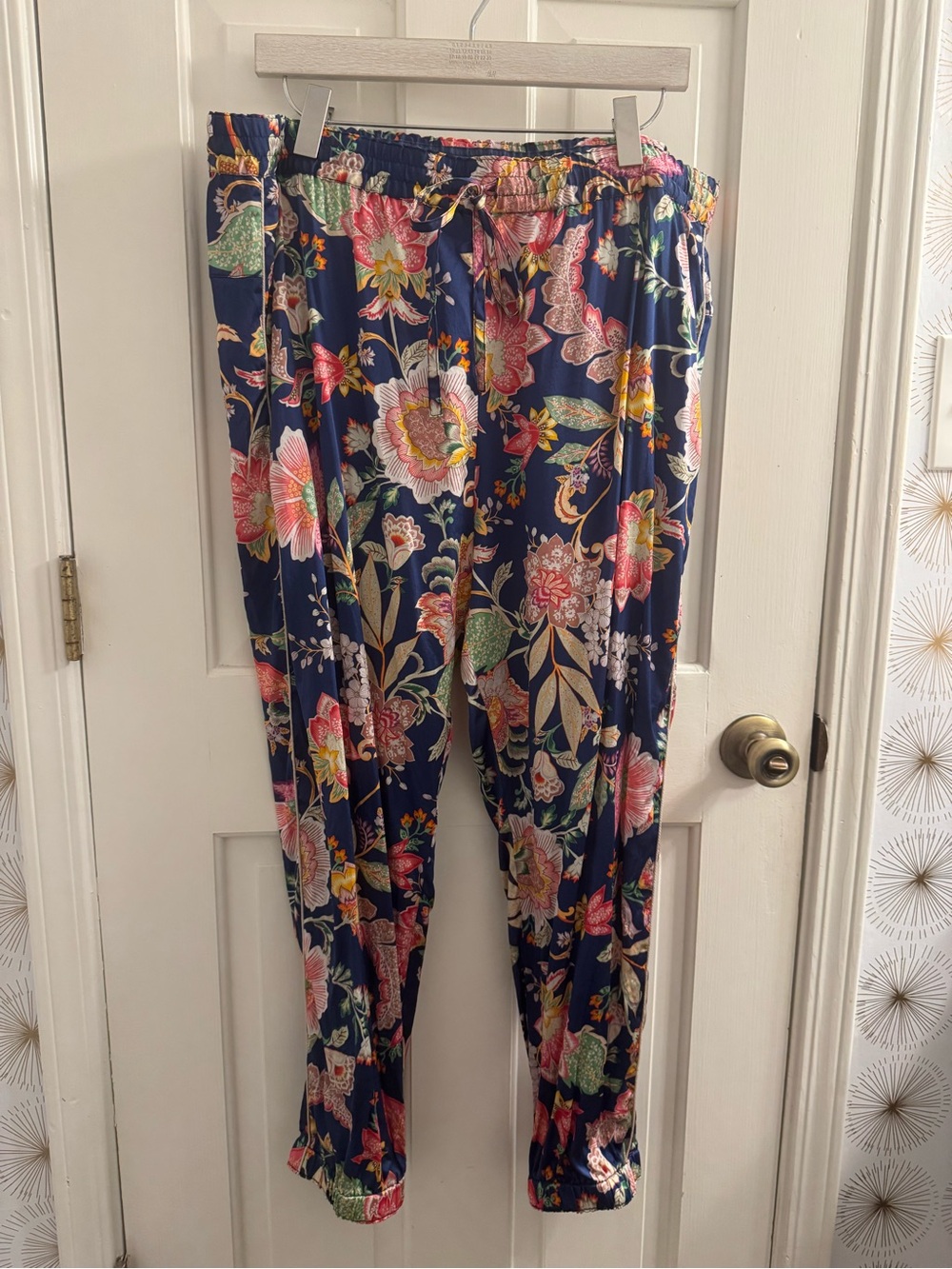 Johnny Was Navy Floral Elastic Waist Joggers with Multicolor Blooms